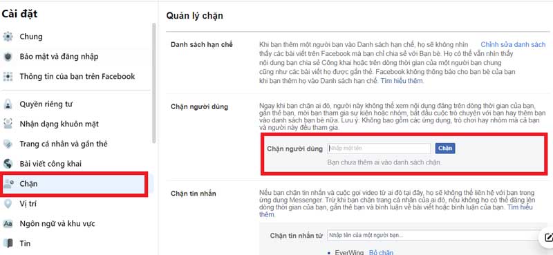 Chọn mục Chặn